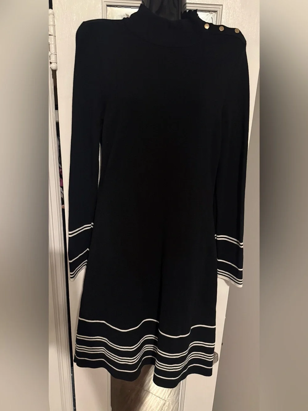 Ann Taylor Black White Striped Trim Mock Neck Sweater Dress Gold Buttons Medium